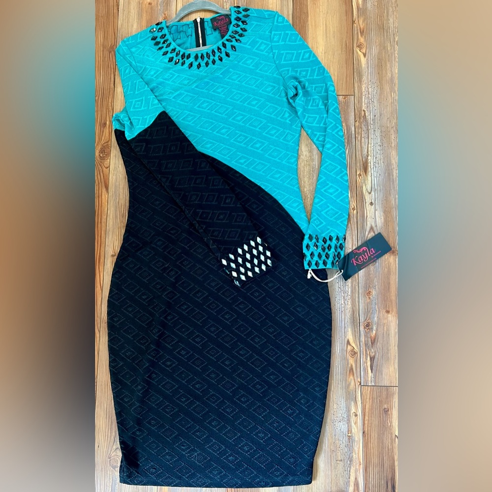 TALLY TAYLOR, Kayla DesignerCollection. Teal&Navy Long Sleeve Sheath Dress. Sz16